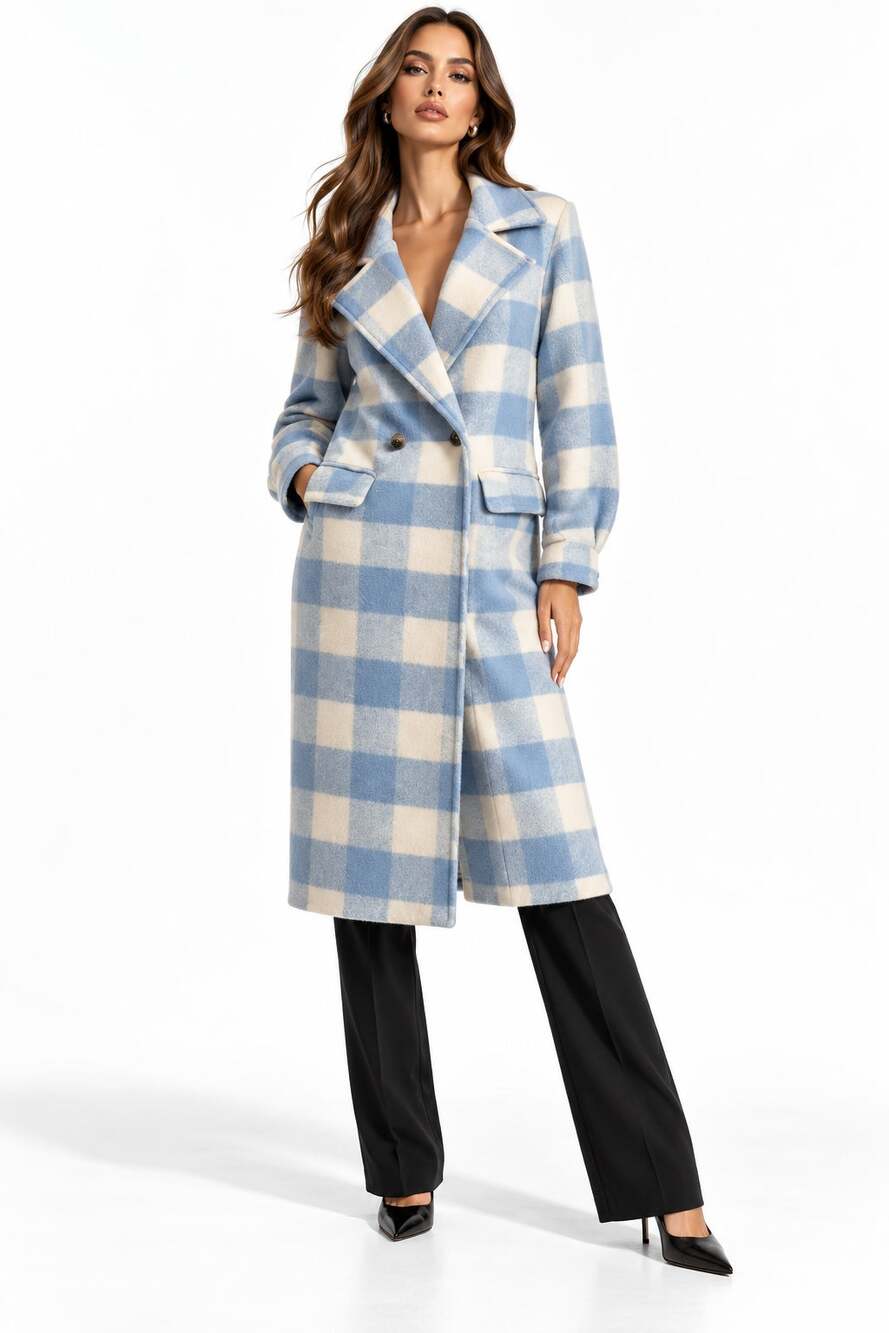 Fashion Nova Coat Womens Small Blue White Check Plaid Longline Double Breasted